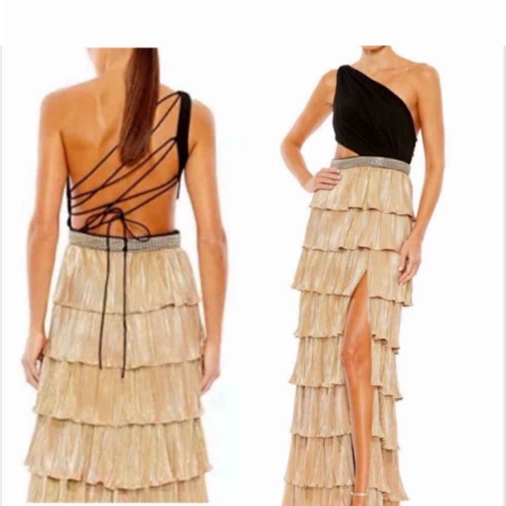 Elegant Black and Gold Backless MAC Duggal gown